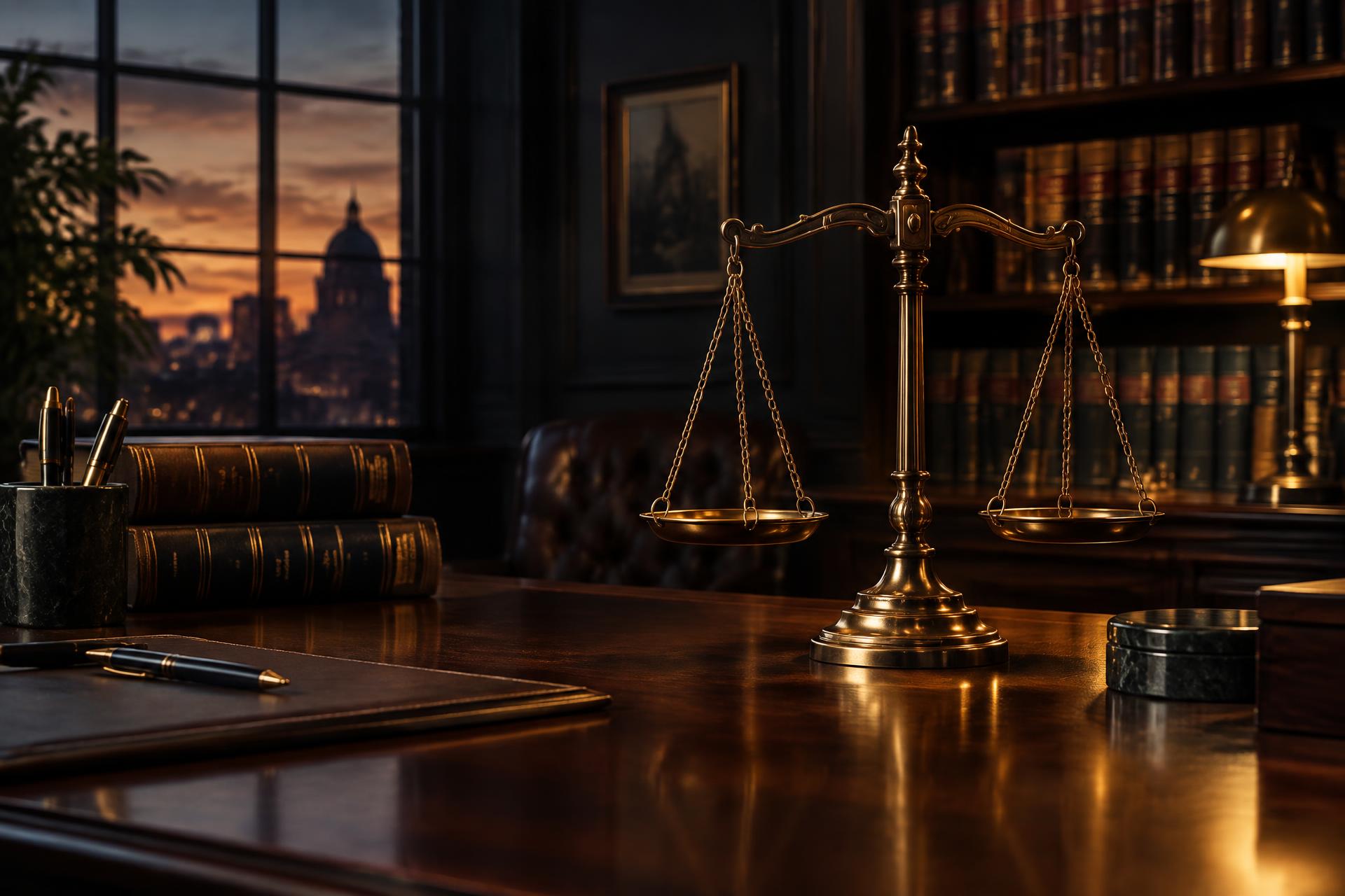 Balança da justiça sobre mesa de escritório de advocacia